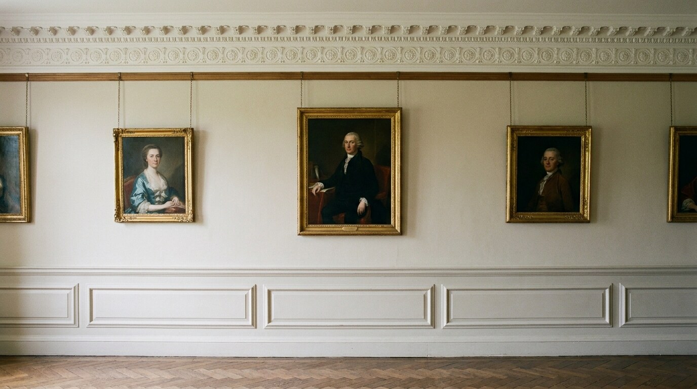 A Georgian drawing-room wall with mouldings labelled